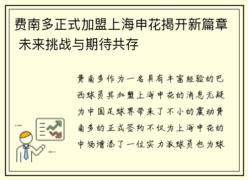 费南多正式加盟上海申花揭开新篇章 未来挑战与期待共存